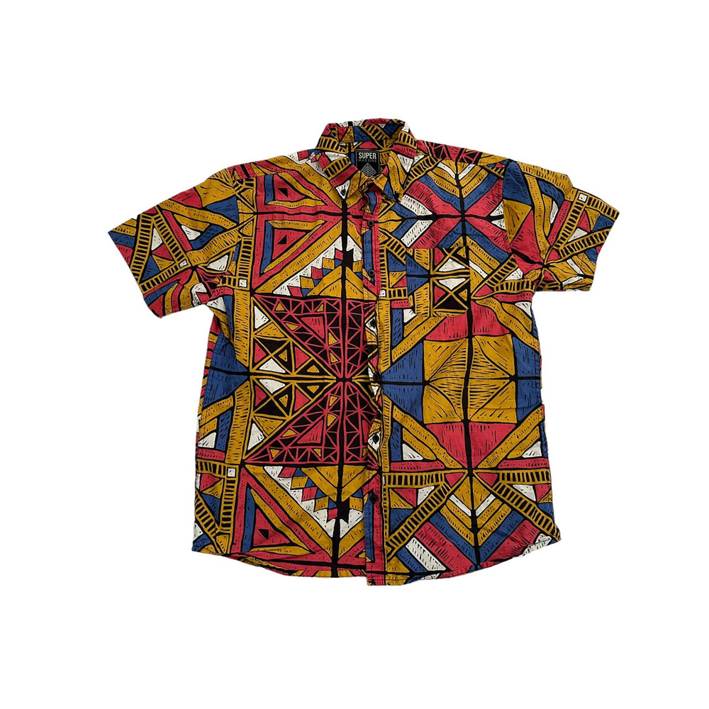 Super Massive Shirt Mens Large Yellow Blue Retro Geometric Shape Casual Button